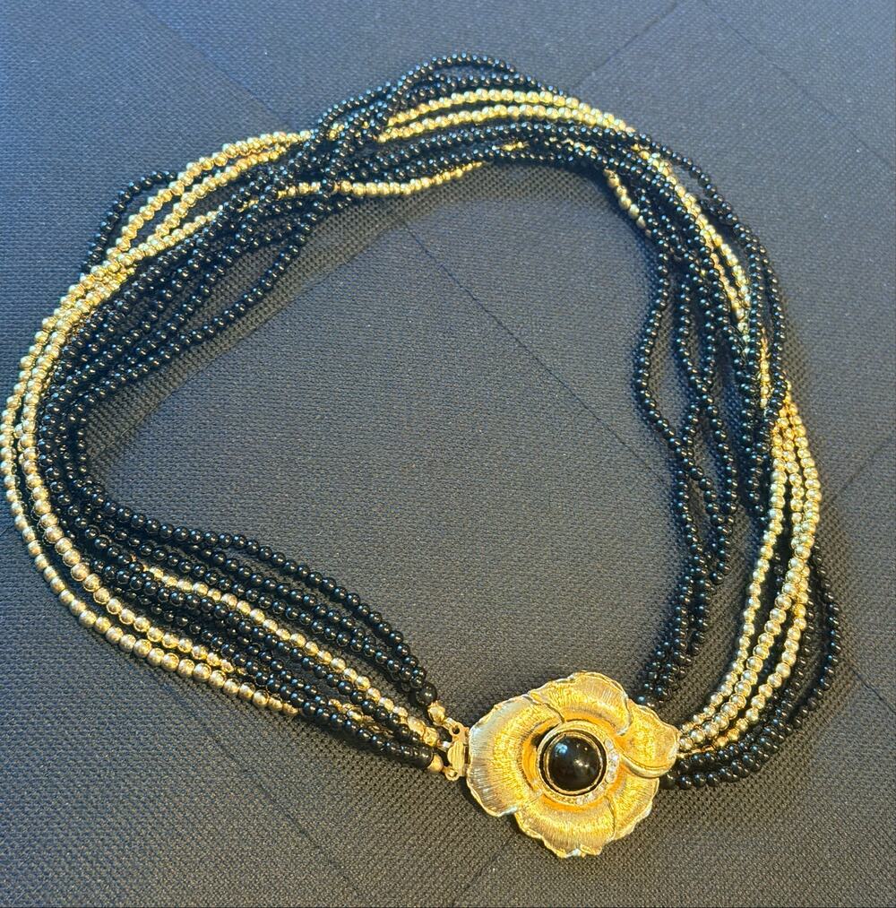 Vintage Multi Strand Black & Gold Seed Bead Necklace Statement Flower Clasp 18"
